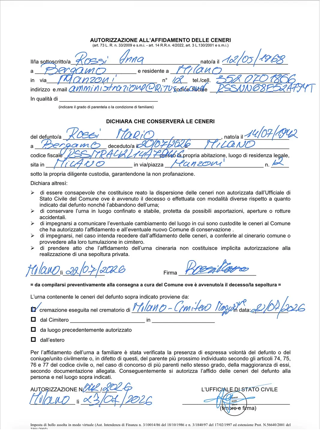 affidamento ceneri a mano