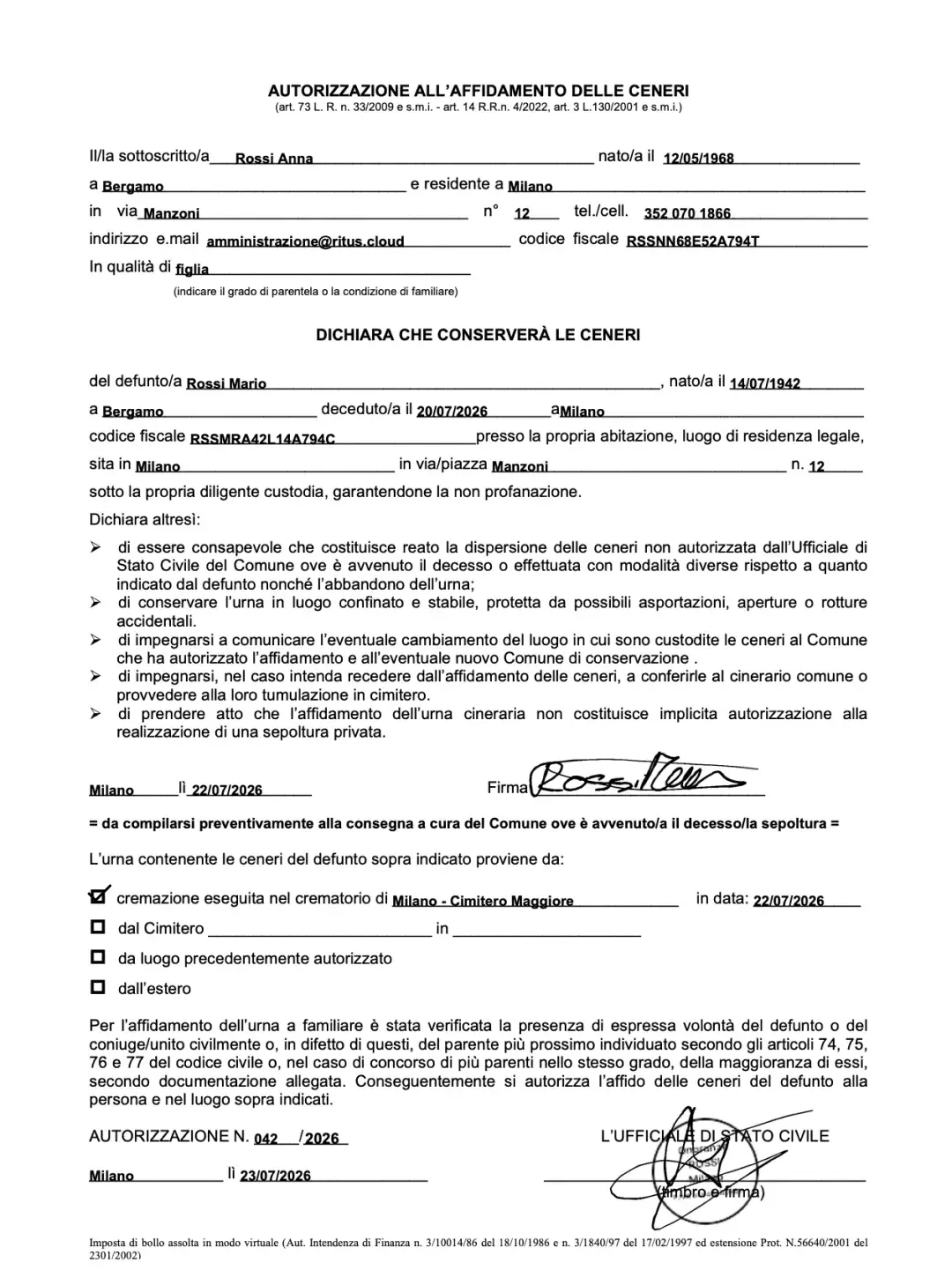 documento funebre compilato con ritus esempio